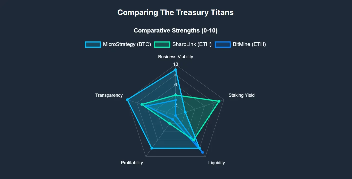 While MicroStrategy is the established Bitcoin leader, Ethereum treasuries offer unique advantages like staking yield. However, they also carry risks associated with their less-established core businesses and high valuations.